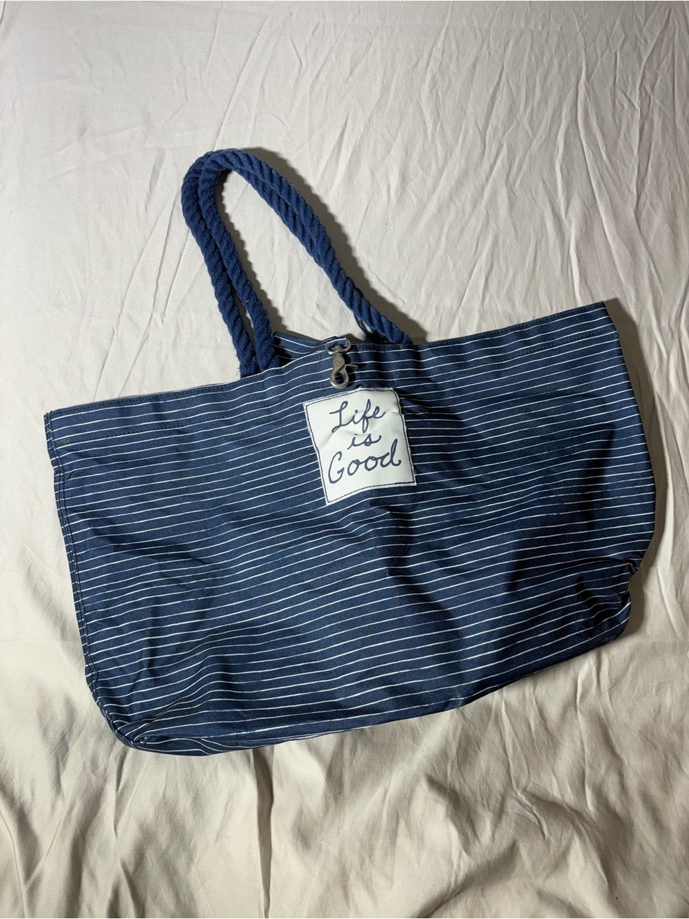 Life Is Good Navy and White Striped Canvas Tote with Patch